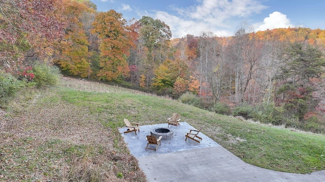 view of yard with an outdoor fire pit and a patio area