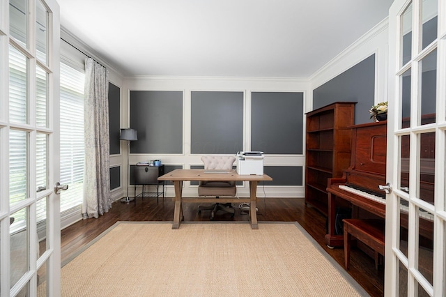 office featuring french doors, hardwood / wood-style flooring, plenty of natural light, and ornamental molding