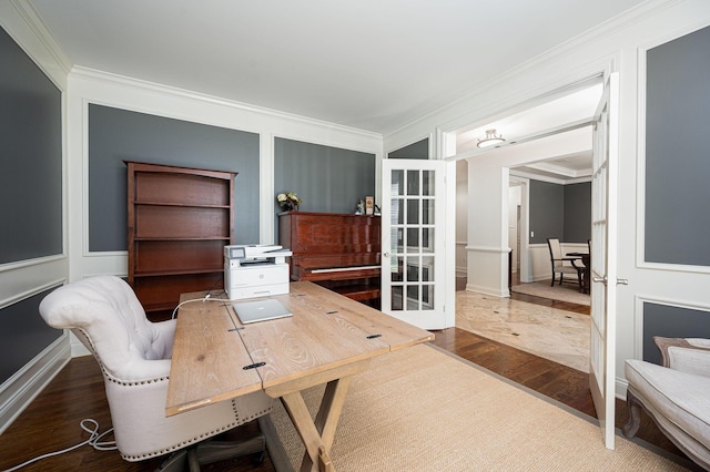 office featuring french doors, hardwood / wood-style flooring, and ornamental molding