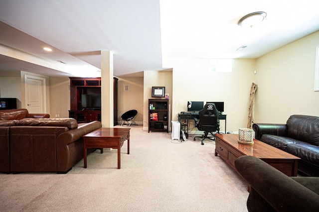 living room featuring light carpet