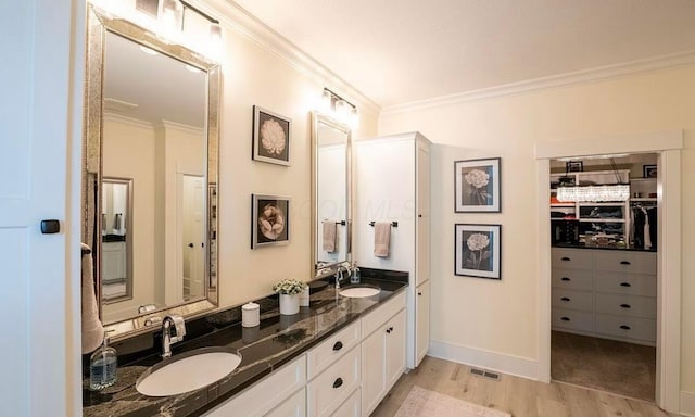 bathroom with crown molding, vanity, and wood-type flooring