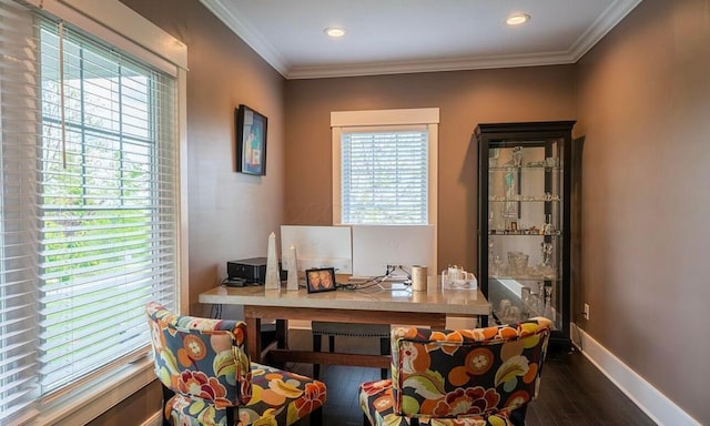 home office with dark hardwood / wood-style floors, a healthy amount of sunlight, and crown molding