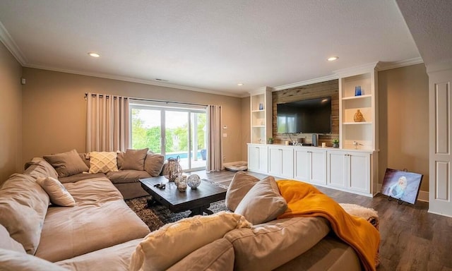 living room featuring crown molding, dark hardwood / wood-style flooring, and a textured ceiling