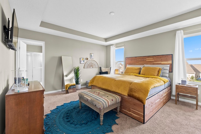 bedroom with a raised ceiling and light colored carpet