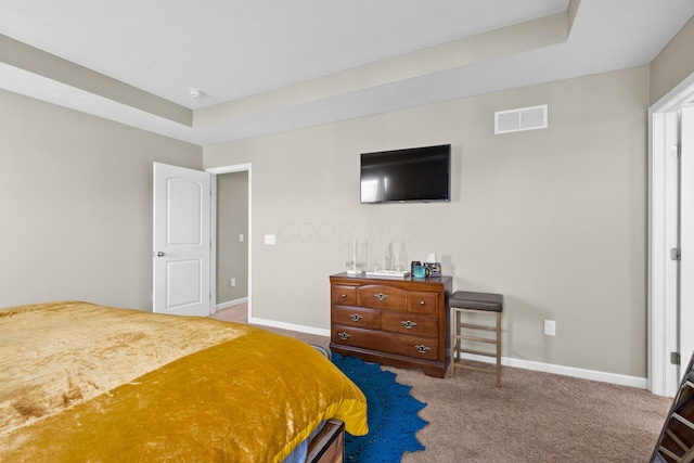 bedroom featuring carpet floors and a tray ceiling