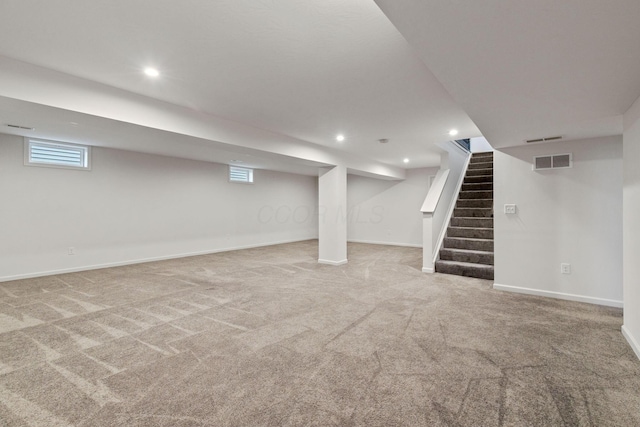 basement with carpet flooring