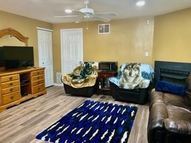 living room with ceiling fan and wood-type flooring