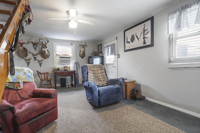 living room featuring carpet, ceiling fan, and cooling unit