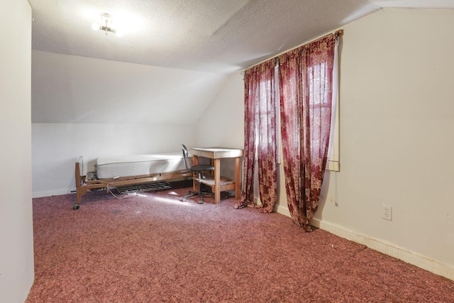 additional living space featuring lofted ceiling, carpet floors, and a textured ceiling