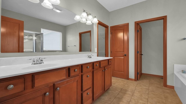 bathroom with tile patterned flooring, vanity, and independent shower and bath