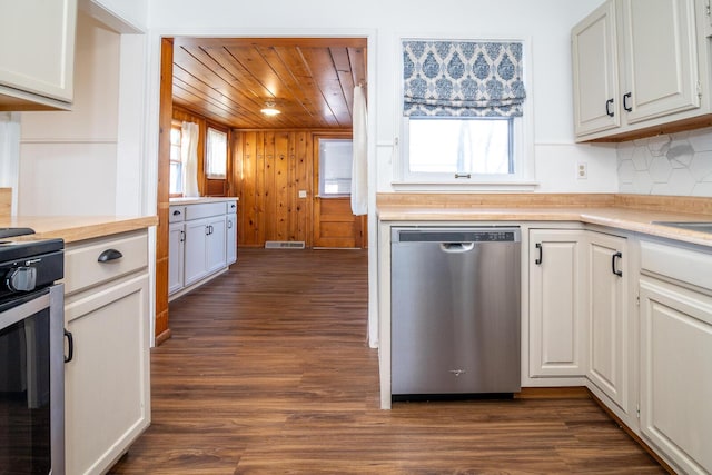 kitchen featuring dark hardwood / wood-style flooring, tasteful backsplash, stainless steel dishwasher, wood ceiling, and white cabinetry