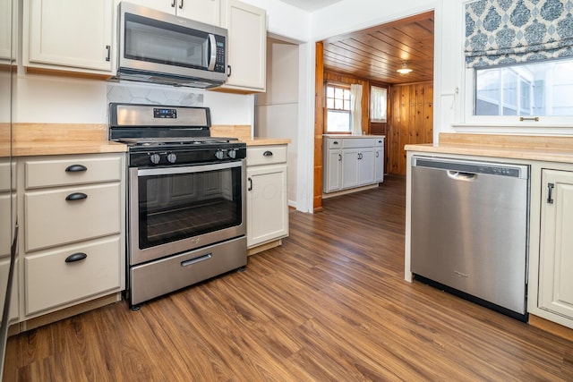 kitchen featuring white cabinetry, dark wood-type flooring, stainless steel appliances, wood walls, and wood ceiling