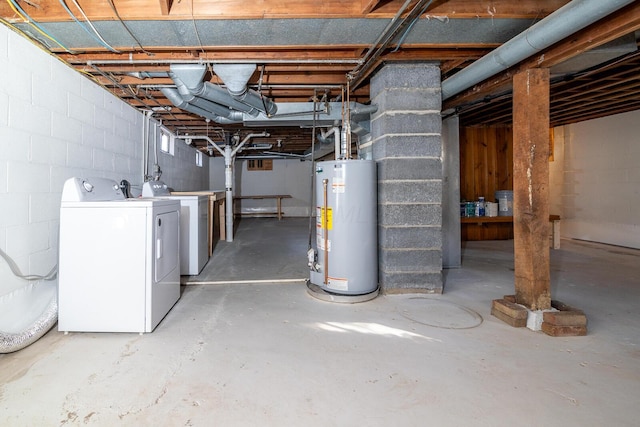 basement featuring washer and clothes dryer and gas water heater