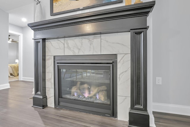 details featuring a high end fireplace, hardwood / wood-style flooring, and ceiling fan