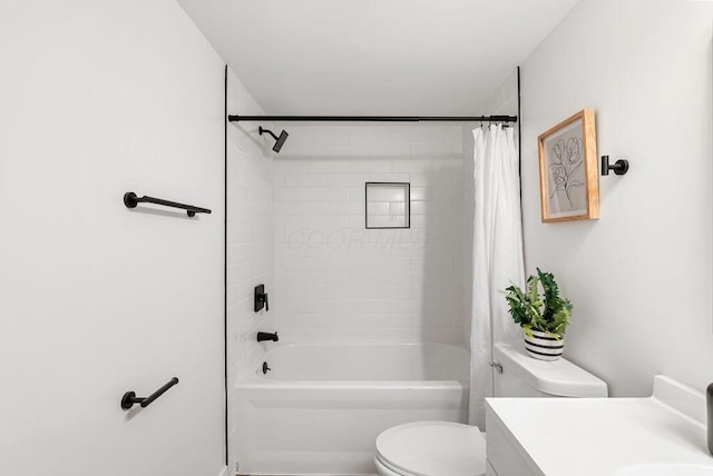 full bathroom featuring vanity, toilet, and shower / bathtub combination with curtain