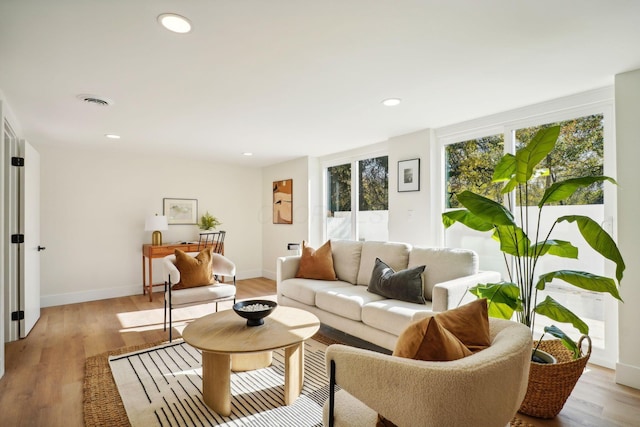 living room with a wealth of natural light and light hardwood / wood-style flooring