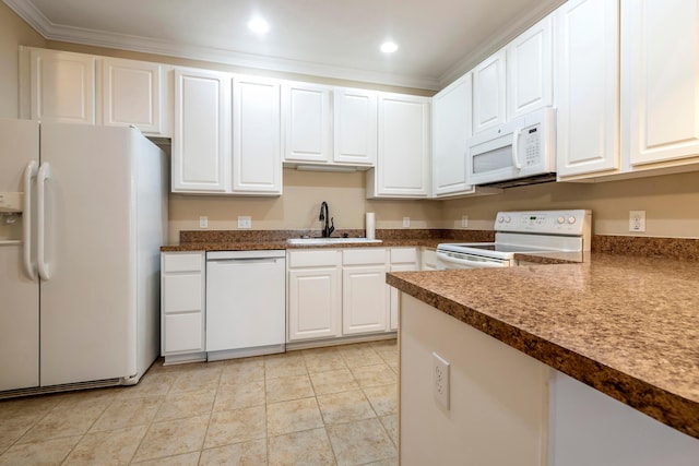 kitchen featuring white appliances, crown molding, sink, white cabinetry, and light tile patterned flooring