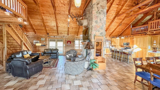 living room featuring beamed ceiling, high vaulted ceiling, wood ceiling, and wooden walls