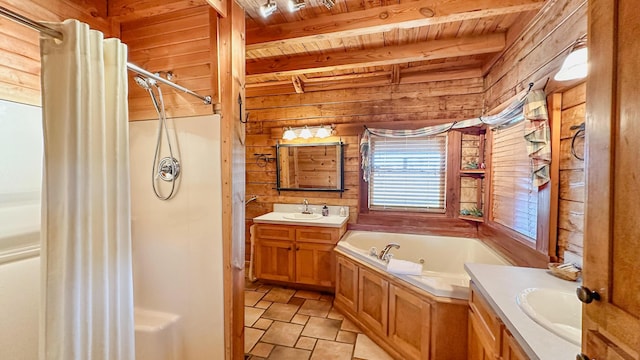 bathroom with shower with separate bathtub, wooden walls, and wood ceiling