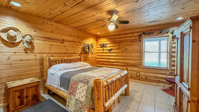 tiled bedroom with ceiling fan, wooden ceiling, and log walls