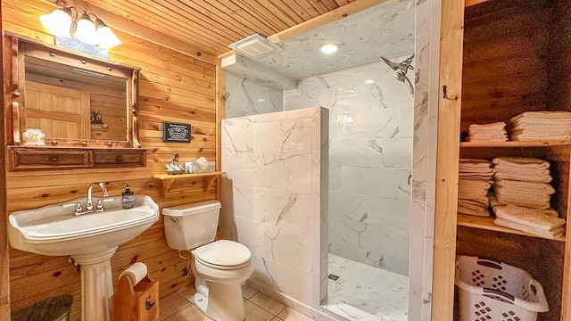 bathroom featuring walk in shower, wood ceiling, tile patterned flooring, toilet, and wood walls