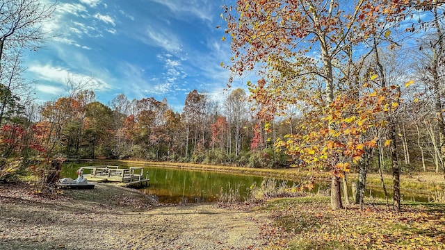 exterior space with a water view and a boat dock