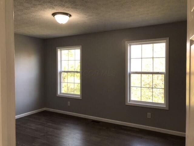 unfurnished room featuring dark wood-type flooring and a textured ceiling