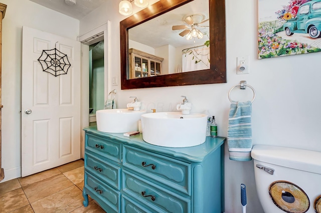 bathroom with ceiling fan, toilet, and vanity