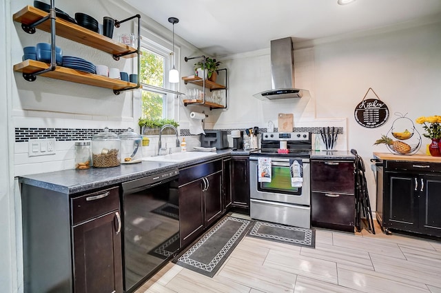 kitchen featuring sink, wall chimney exhaust hood, black dishwasher, tasteful backsplash, and stainless steel range with electric stovetop