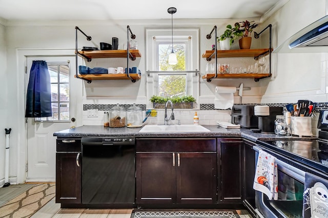 kitchen with backsplash, sink, electric range, black dishwasher, and light hardwood / wood-style floors