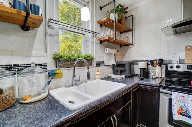 kitchen with sink, backsplash, and stainless steel electric range