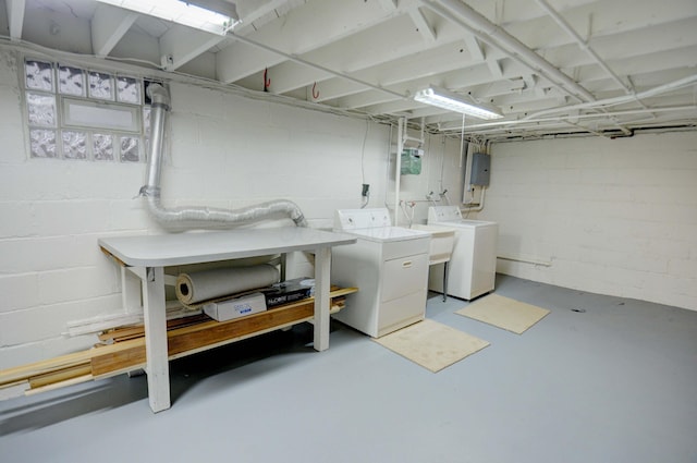 clothes washing area with electric panel and washer and dryer