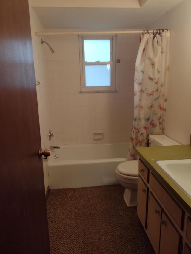 full bathroom featuring vanity, toilet, and shower / bathtub combination with curtain