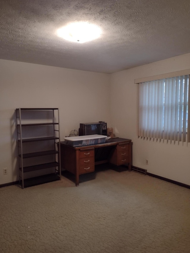 office featuring light carpet and a textured ceiling