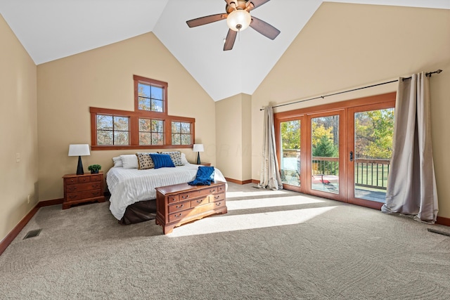 bedroom with carpet, access to outside, high vaulted ceiling, and ceiling fan