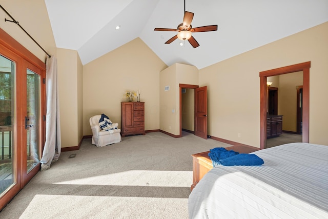 bedroom featuring ceiling fan, french doors, high vaulted ceiling, light colored carpet, and access to outside