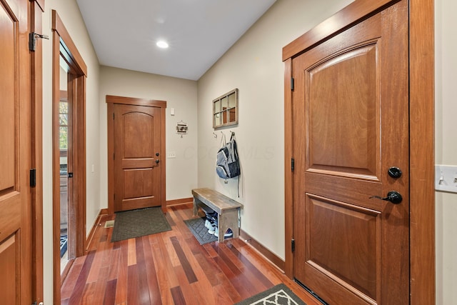 doorway with dark wood-type flooring