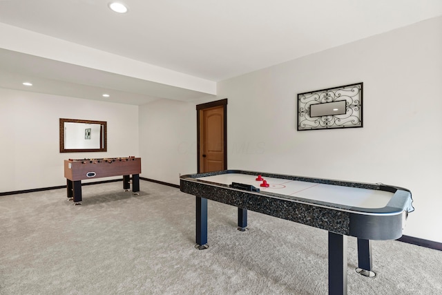 game room with light carpet