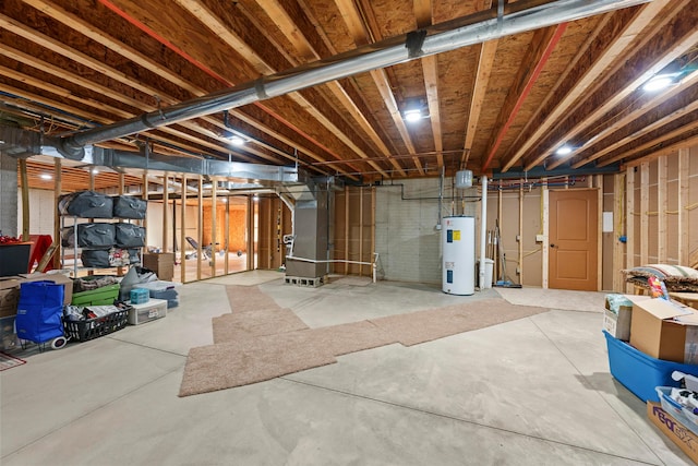 basement featuring electric water heater and heating unit