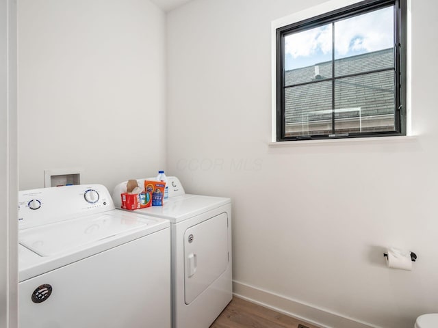 washroom featuring dark hardwood / wood-style flooring and washing machine and clothes dryer