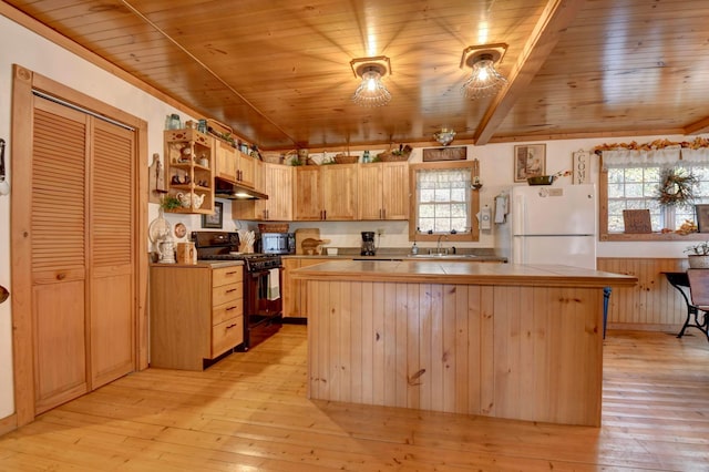 kitchen with black gas range, plenty of natural light, light wood-type flooring, and white refrigerator