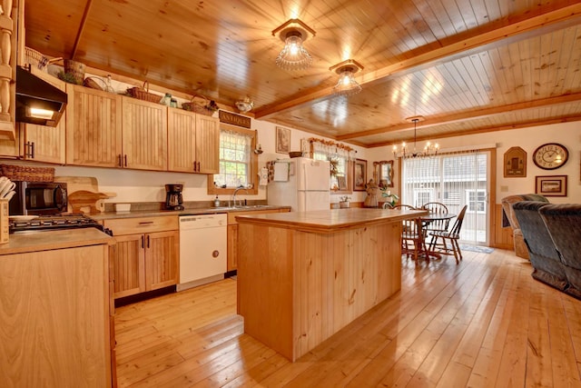 kitchen with a kitchen island, white appliances, wood ceiling, and light hardwood / wood-style flooring