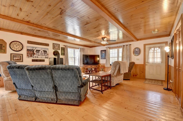 living room featuring plenty of natural light, wood walls, wooden ceiling, and light hardwood / wood-style flooring