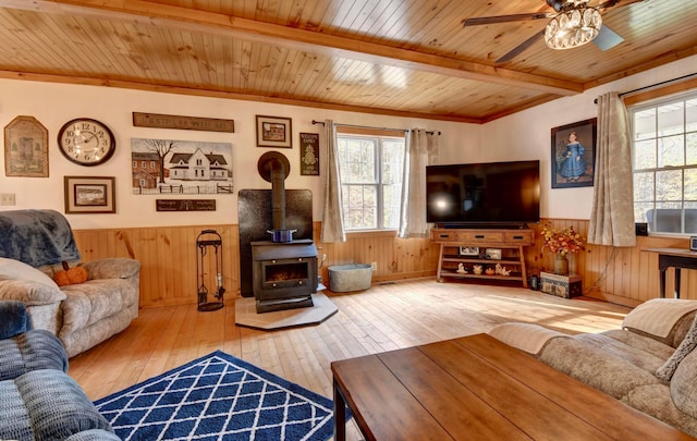 living room featuring wood ceiling, a wood stove, wooden walls, and wood-type flooring