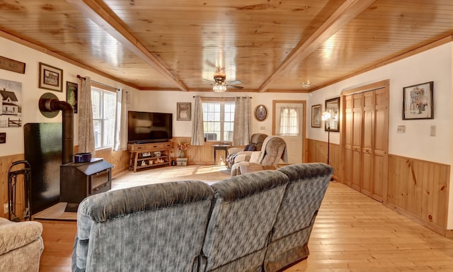 living room featuring plenty of natural light, wood walls, light wood-type flooring, and wood ceiling