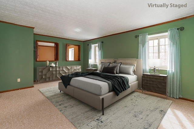 bedroom with light carpet, crown molding, a textured ceiling, and baseboards