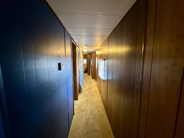 corridor with wooden walls and light colored carpet