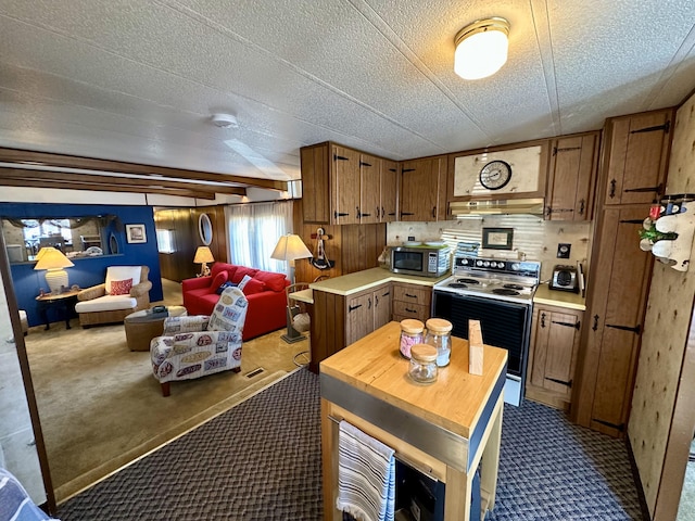 kitchen featuring decorative backsplash, a textured ceiling, range with electric cooktop, and carpet floors