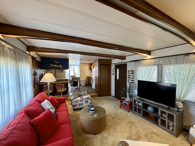 carpeted living room featuring beam ceiling