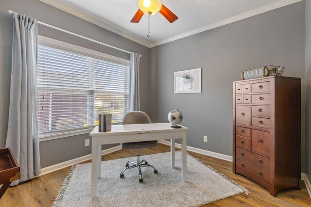 office area with ceiling fan, ornamental molding, a textured ceiling, and light wood-type flooring